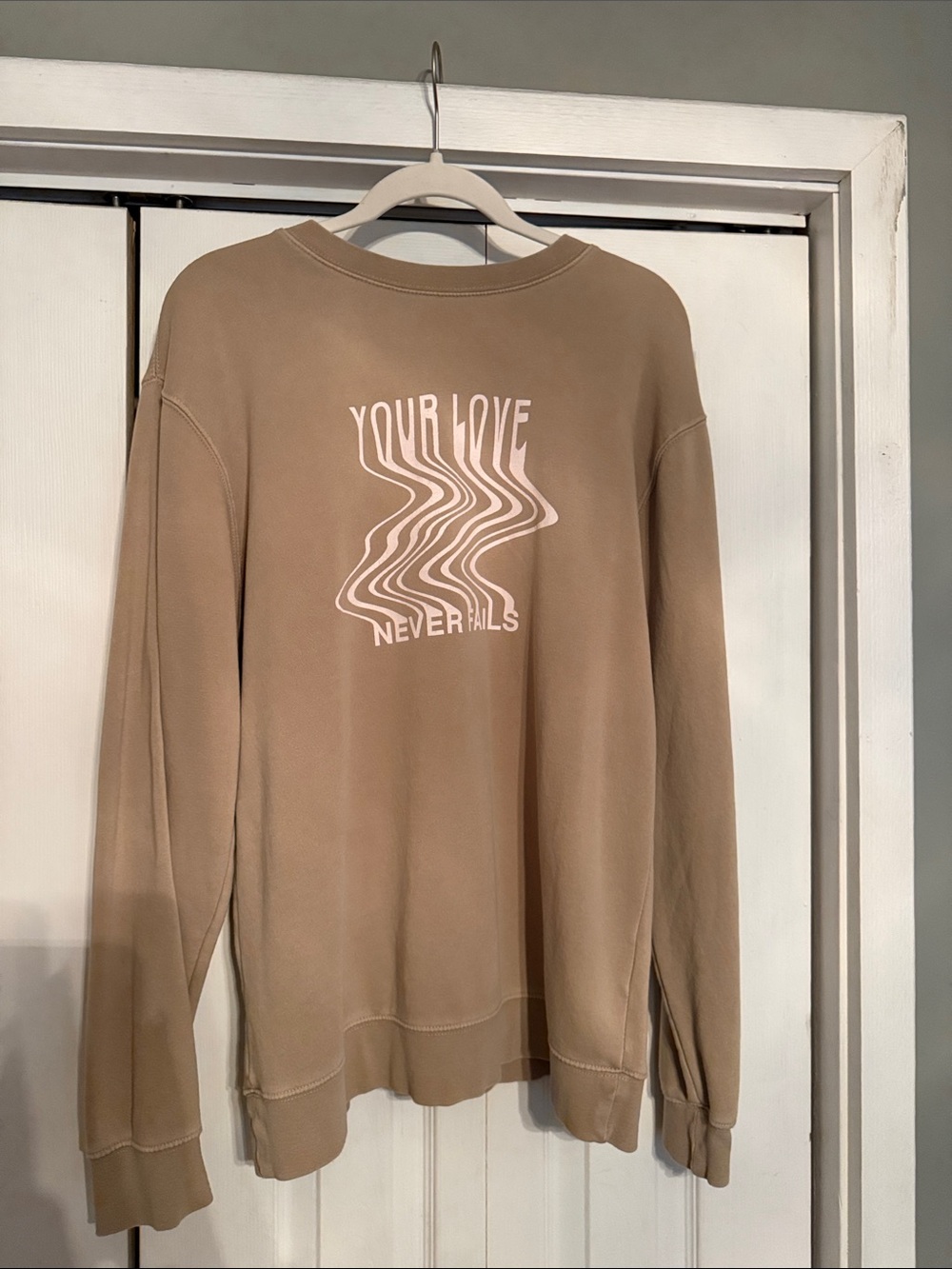 Men's Tan Graphic Crewneck Sweatshirt - Your Love Never Fails